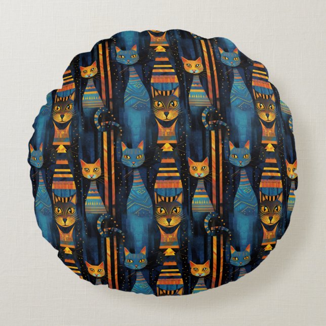 Whimsical Cats Egyptian AI Art Round Cushion (Front)