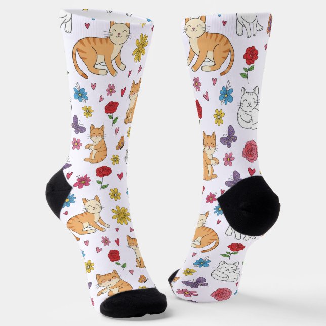Whimsical Cats Hearts and Flowers Colorful  Socks (Angled)