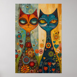 Whimsical Cats in Harmony: Colorful Folk Art Poster
