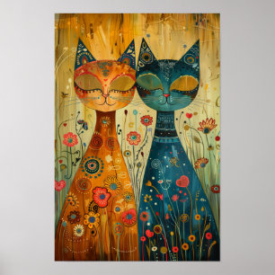 Whimsical Cats in Harmony: Colourful Folk Art Poster