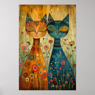 Whimsical Cats in Harmony: Colourful Folk Art Poster