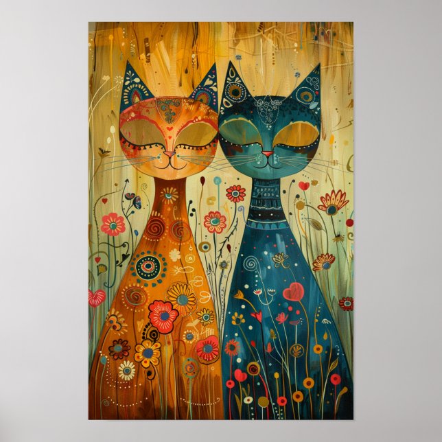 Whimsical Cats in Harmony: Colourful Folk Art Poster (Front)