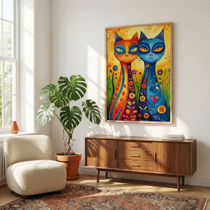 Whimsical Cats in Harmony: Colourful Folk Art Poster