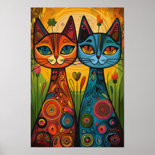 Whimsical Cats in Harmony: Colourful Folk Art Poster