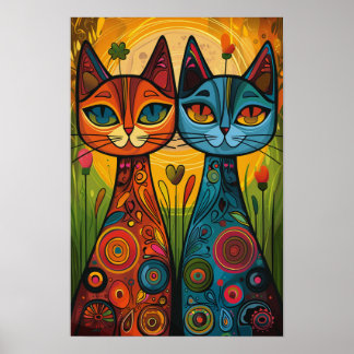 Whimsical Cats in Harmony: Colourful Folk Art Poster