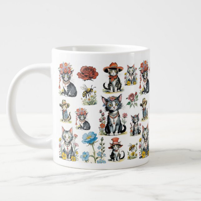 Whimsical Cats in Hats with Flowers & Bees Large Coffee Mug (Left)