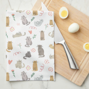 Whimsical Cats Neutral Colour Illustration Tea Towel
