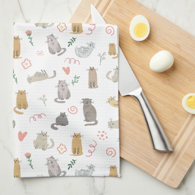 Whimsical Cats Neutral Colour Illustration Tea Towel (Quarter Fold)