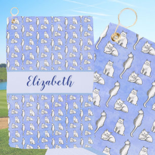 Whimsical cats on blue with custom name ladies  golf towel