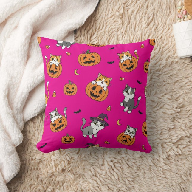Whimsical Cats & Pumpkins Halloween Throw Pillow (Blanket)