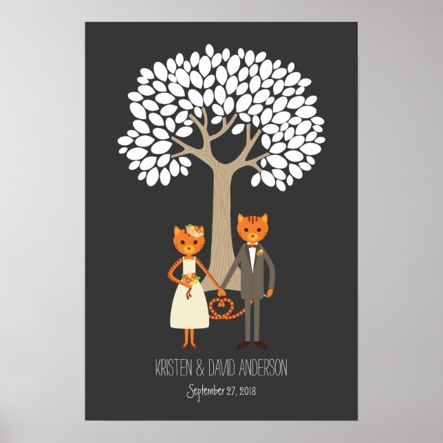 Whimsical Cats Wedding Fingerprint Signature Tree Poster (Front)