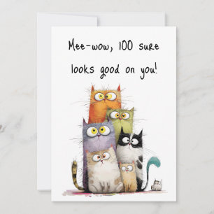 Whimsical Cats with Big Eyes 100th Birthday Flat Card