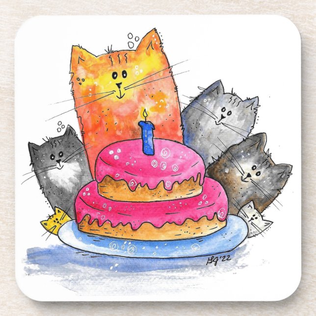 Whimsical Cats with Birthday Cake Coaster (Front)