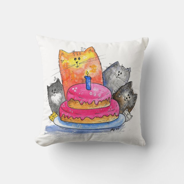 Whimsical Cats with Birthday Cake Cushion (Front)
