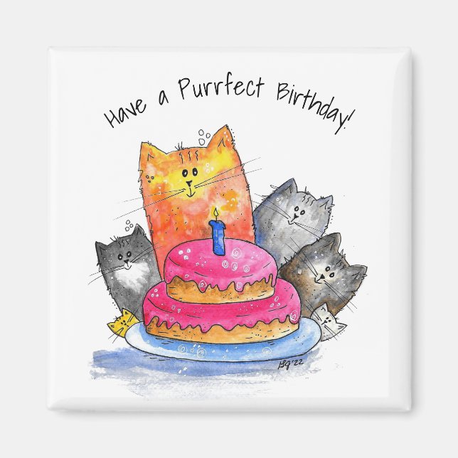 Whimsical Cats with Birthday Cake Magnet (Front)