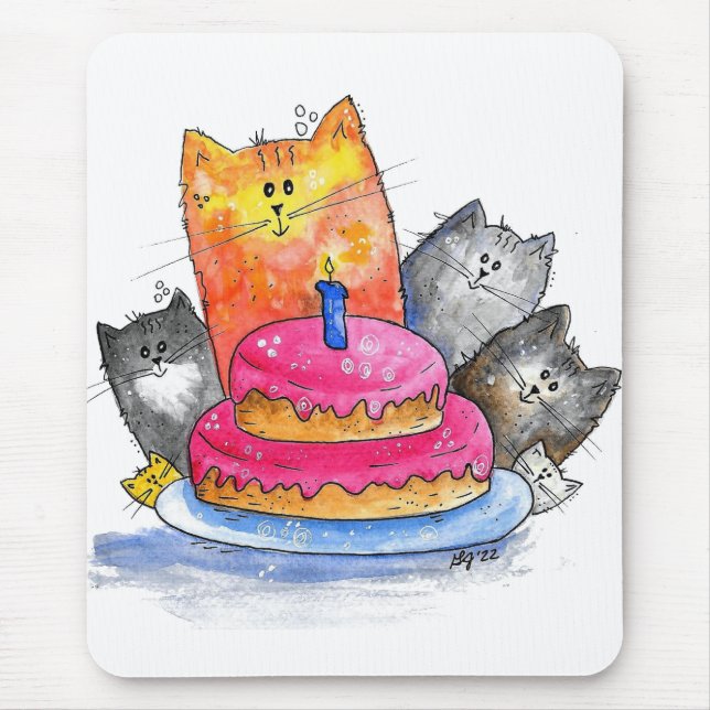 Whimsical Cats with Birthday Cake Mouse Mat (Front)