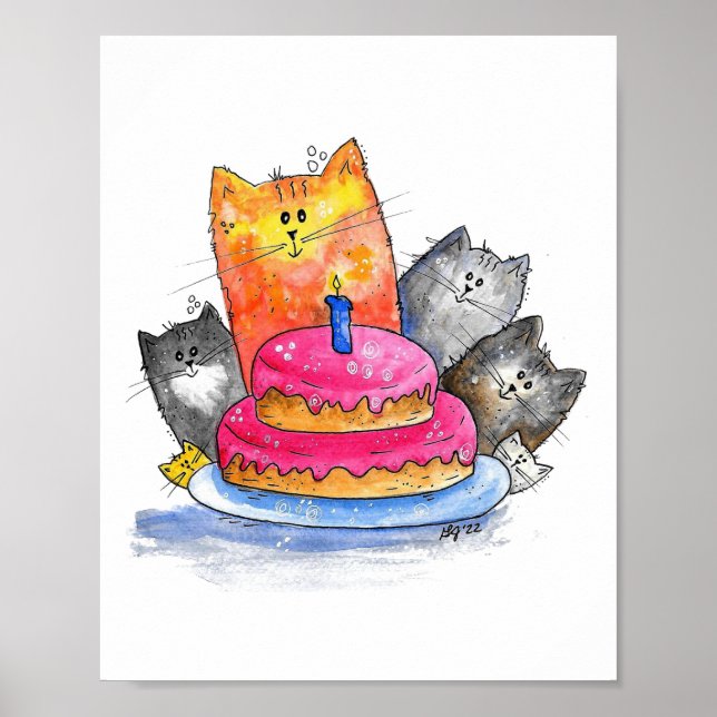 Whimsical Cats with Birthday Cake Poster (Front)