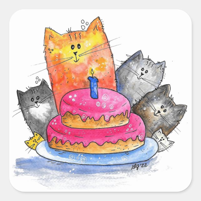 Whimsical Cats with Birthday Cake Square Sticker (Front)