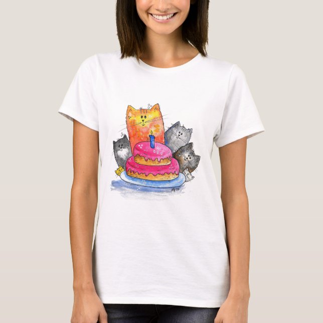 Whimsical Cats with Birthday Cake T-Shirt (Front)