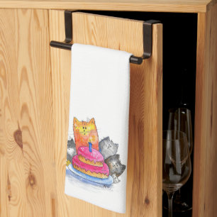 Whimsical Cats with Birthday Cake Tea Towel