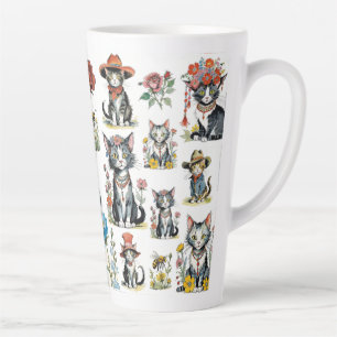 Whimsical Cats with Hats and Flowers Latte Mug