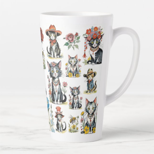 Whimsical Cats with Hats and Flowers Latte Mug (Right)