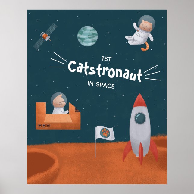 Whimsical Catstronaut in Space, Cats on Mars, Fun Poster (Front)