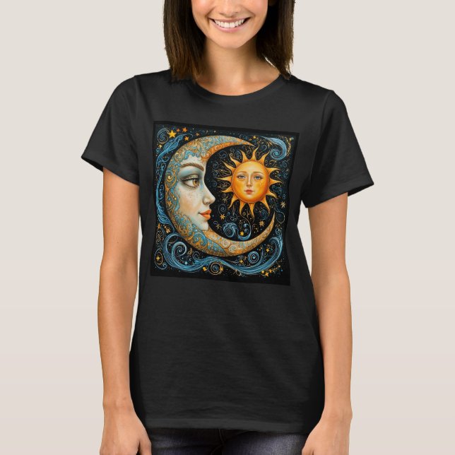 Whimsical Celestial Dream: Moon and Sun.  T-Shirt (Front)