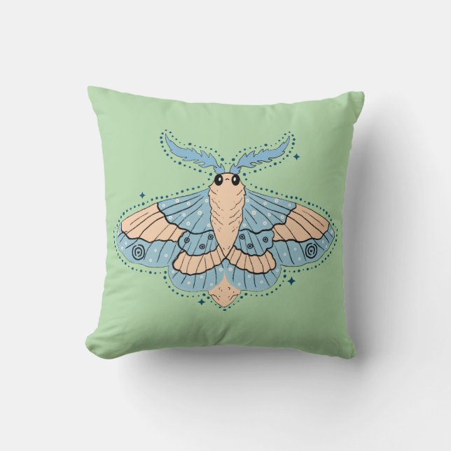 Whimsical Celestial Moth — Soft Blue & Peach Cushion (Front)