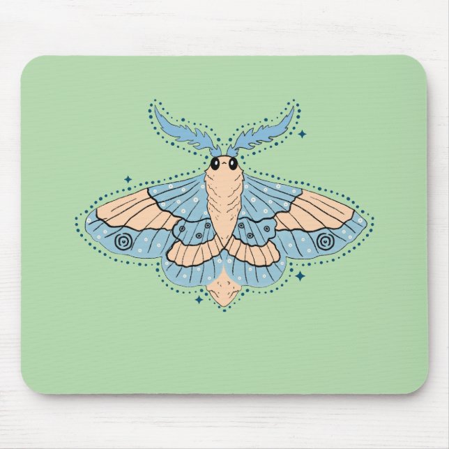Whimsical Celestial Moth — Soft Blue & Peach Mouse Mat (Front)