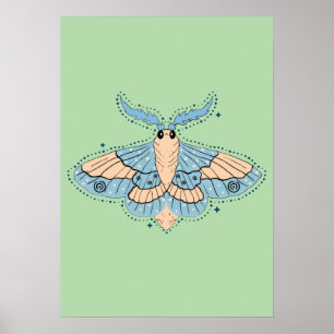 Whimsical Celestial Moth — Soft Blue & Peach Poster