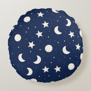 Whimsical Celestial Pattern of Moons and Stars Round Cushion