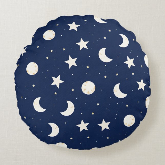 Whimsical Celestial Pattern of Moons and Stars Round Cushion (Front)