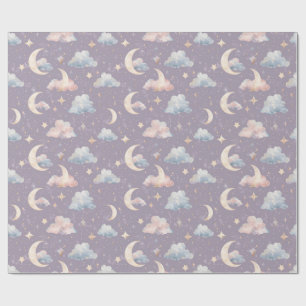 Whimsical Celestial Watercolor Moon Stars Clouds Wrapping Paper