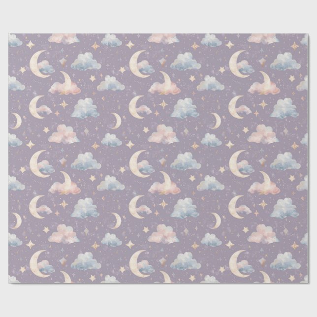 Whimsical Celestial Watercolor Moon Stars Clouds Wrapping Paper (Flat)
