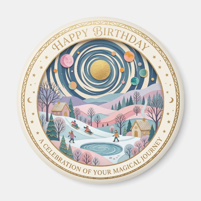 Whimsical Celestial Winter Birthday Spiral Magnet (Front)