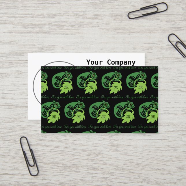 Whimsical Chameleon Climbing on Hops Monogram Business Card (Front/Back In Situ)