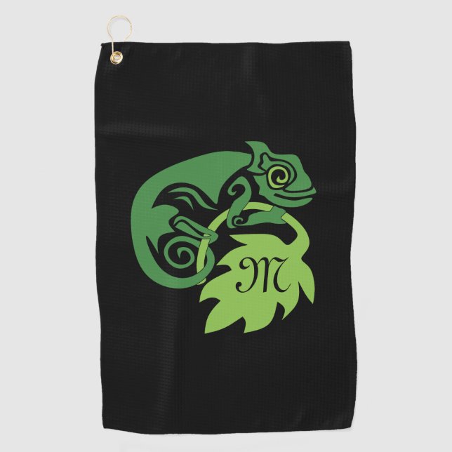 Whimsical Chameleon Climbing on Hops Monogram Golf Towel (Front)