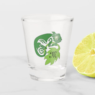 Whimsical Chameleon Climbing on Hops Monogram Shot Glass