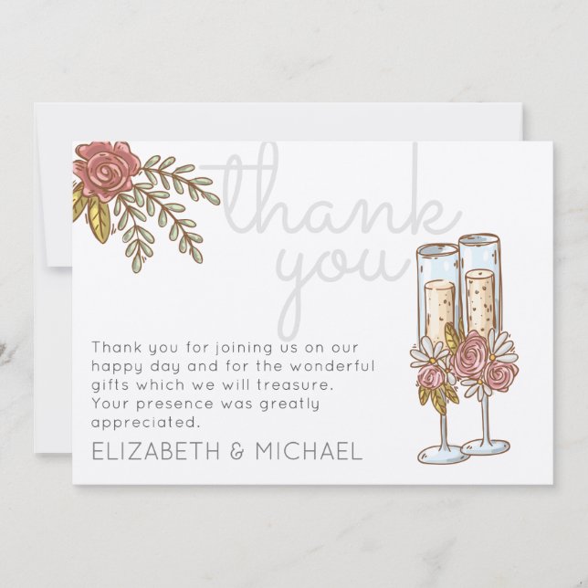Whimsical Champagne Roses Thank You Wedding Card (Front)