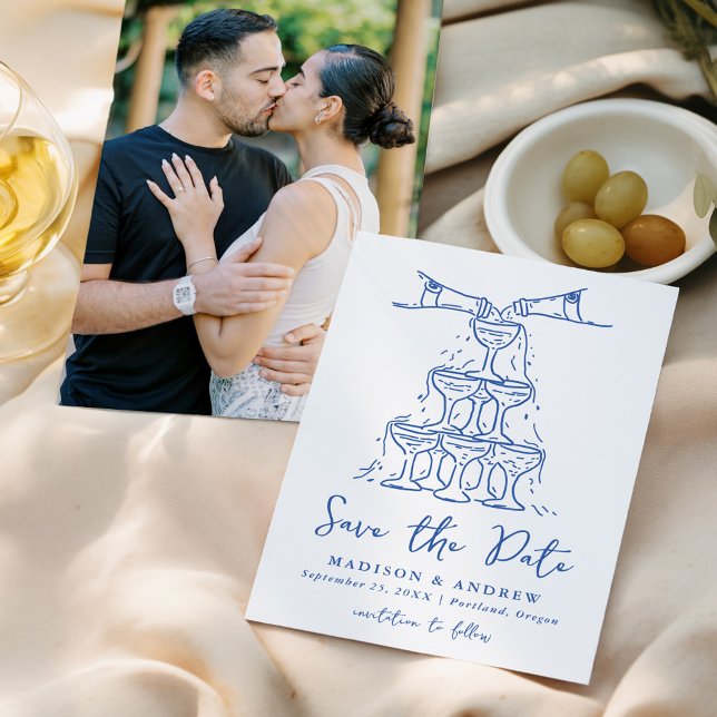 Whimsical Champagne Tower Blue Photo Wedding Save The Date (Creator Uploaded)