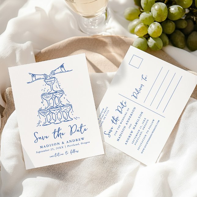 Whimsical Champagne Tower Blue Save the Date Announcement Postcard (Creator Uploaded)