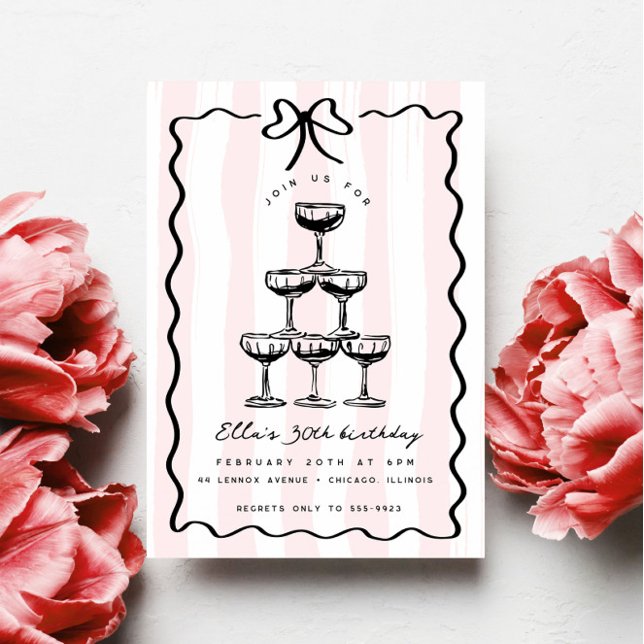 Whimsical Champagne Tower Bow Pink Stripe Birthday Invitation (Creator Uploaded)