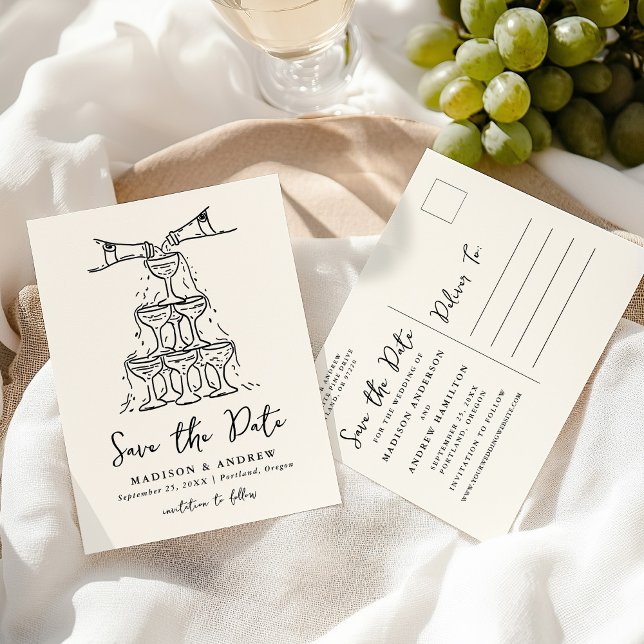 Whimsical Champagne Tower Cream Save the Date Announcement Postcard (Creator Uploaded)