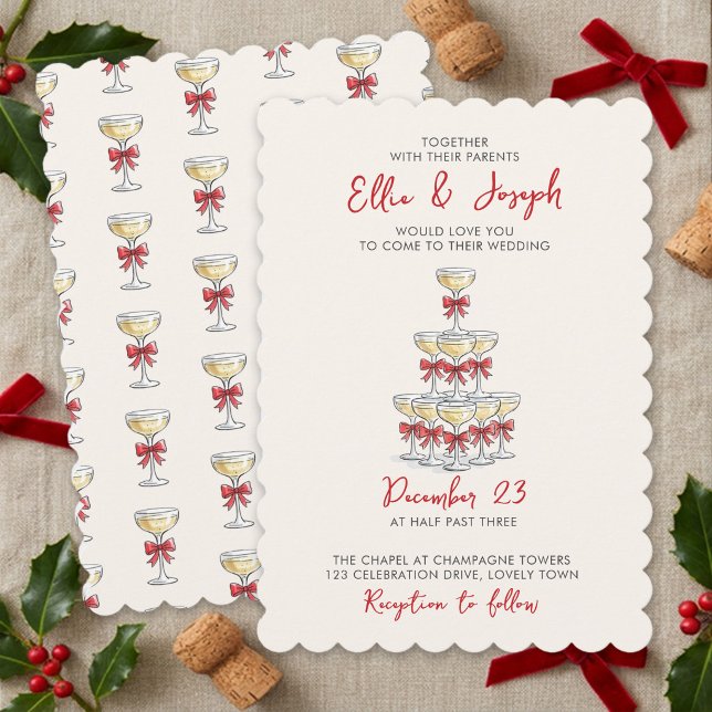 Whimsical Champagne Tower Holiday Wedding Invitation (Wedding invitation from the Whimsical Champagne Tower Holiday Wedding Collection by Darling & May)