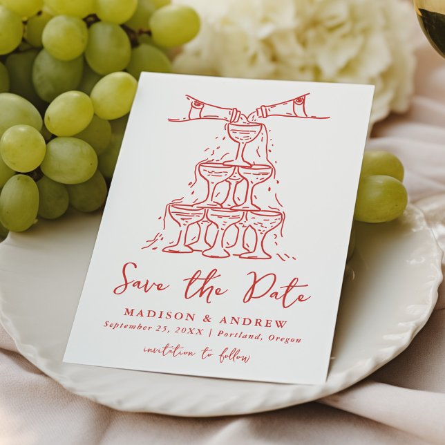 Whimsical Champagne Tower Red Wedding Save The Date (Creator Uploaded)