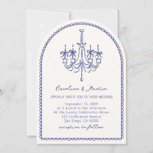 Whimsical chandelier, arch blue hand drawn invitation