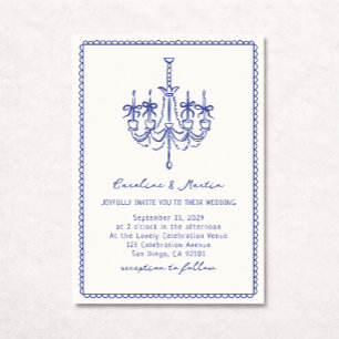 Whimsical chandelier, blue hand drawn wedding invitation