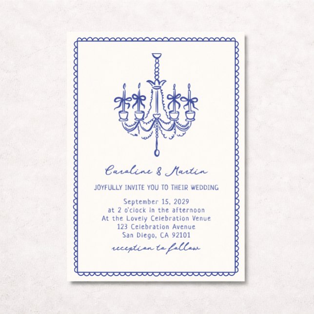 Whimsical chandelier, blue hand drawn wedding  invitation (Creator Uploaded)