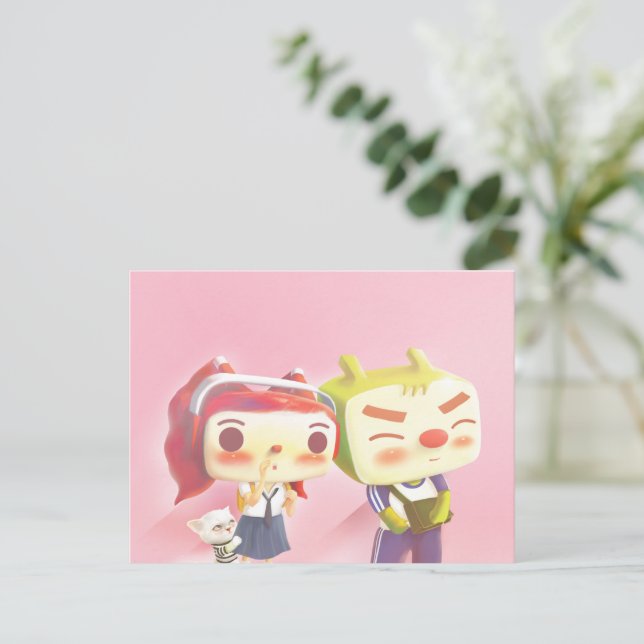 Whimsical Characters with Cat Announcement Postcard (Standing Front)